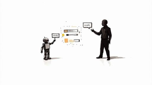 Robot and human discussing customer service automation workflow with inode and escalate process diagrams