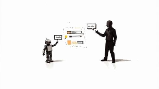 Robot and human discussing customer service automation workflow with inode and escalate process diagrams