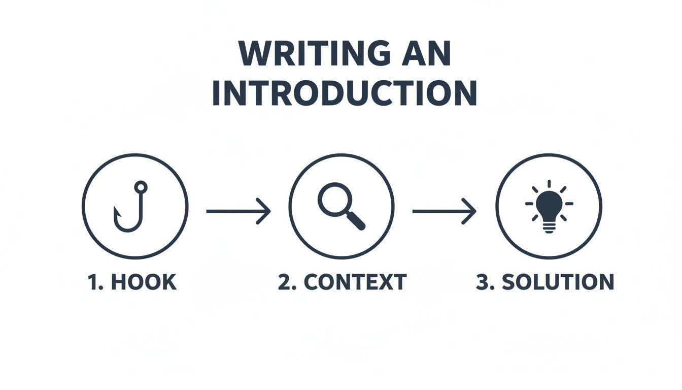 A visual guide illustrating the three key steps to writing an effective introduction: hook, context, and solution.