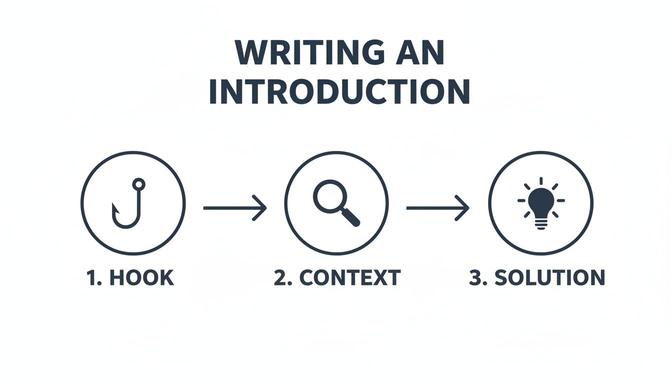A visual guide illustrating the three key steps to writing an effective introduction: hook, context, and solution.