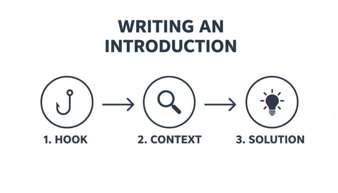 A visual guide illustrating the three key steps to writing an effective introduction: hook, context, and solution.