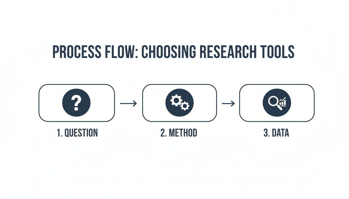 A process flow diagram detailing three steps for choosing research tools: Question, Method, and Data.