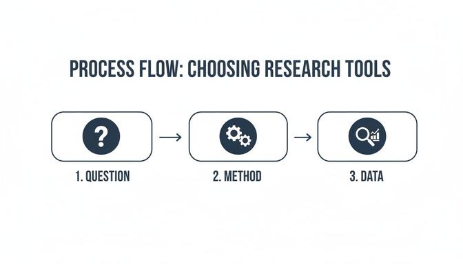 A process flow diagram detailing three steps for choosing research tools: Question, Method, and Data.