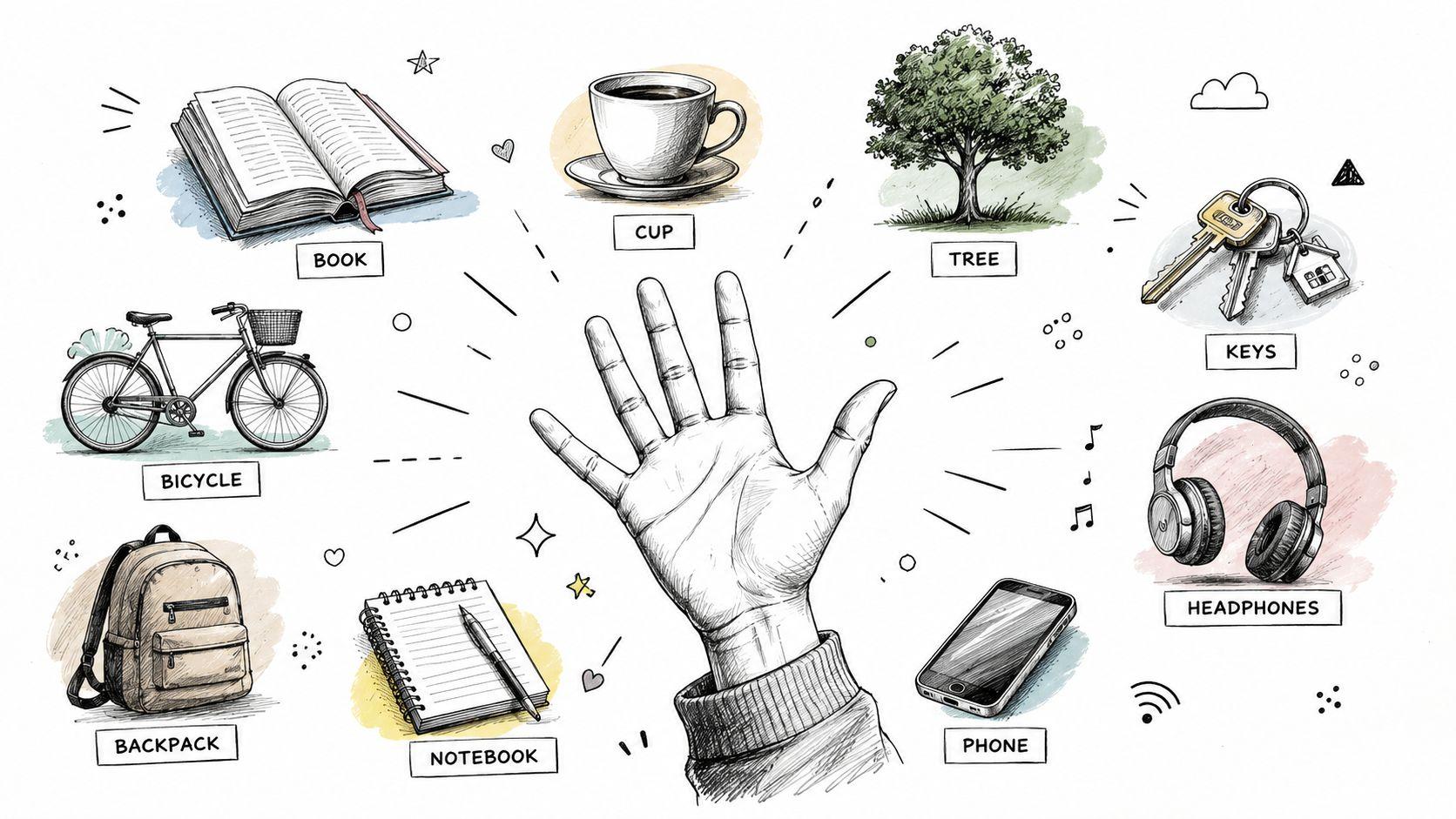 A central hand illustration surrounded by drawings of common objects like a book, tree, phone, and bicycle.