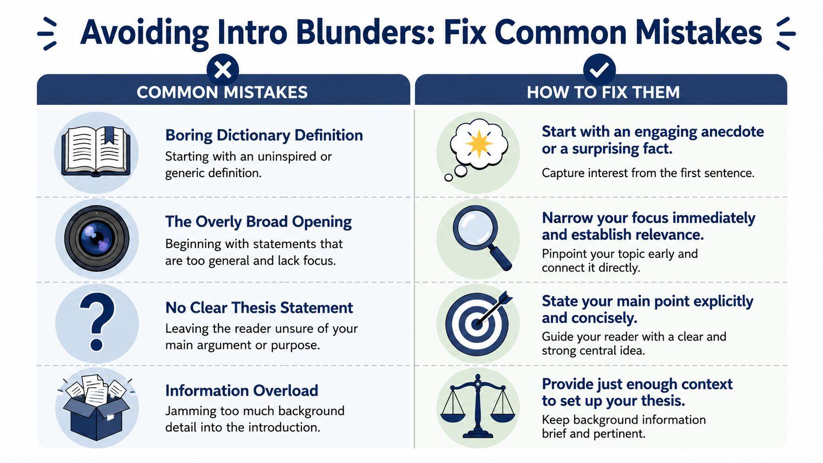 A chart comparing common writing mistakes in introductions with effective ways to fix them for better engagement.