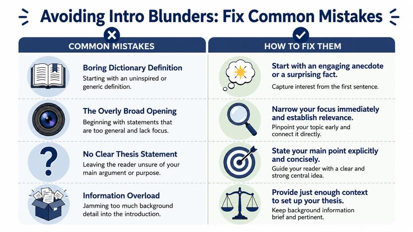A chart comparing common writing mistakes in introductions with effective ways to fix them for better engagement.