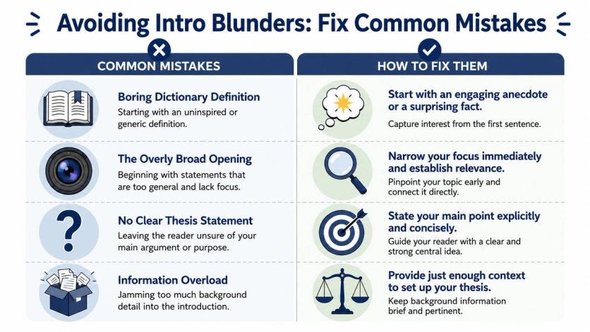 A chart comparing common writing mistakes in introductions with effective ways to fix them for better engagement.