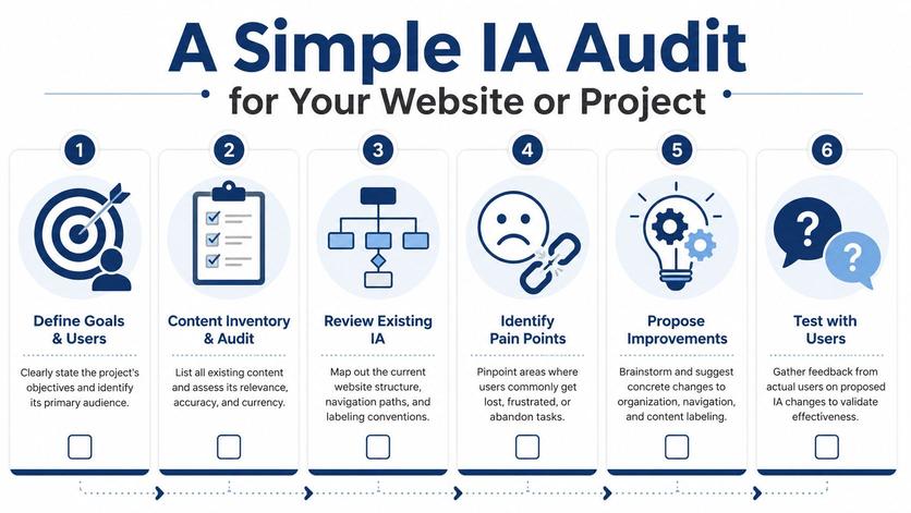 A six-step infographic illustrating a simple information architecture audit process for websites and projects.