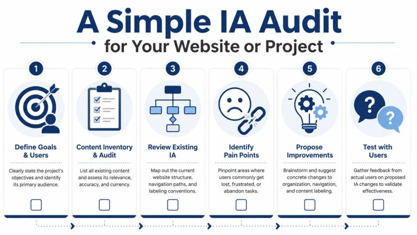 A six-step infographic illustrating a simple information architecture audit process for websites and projects.