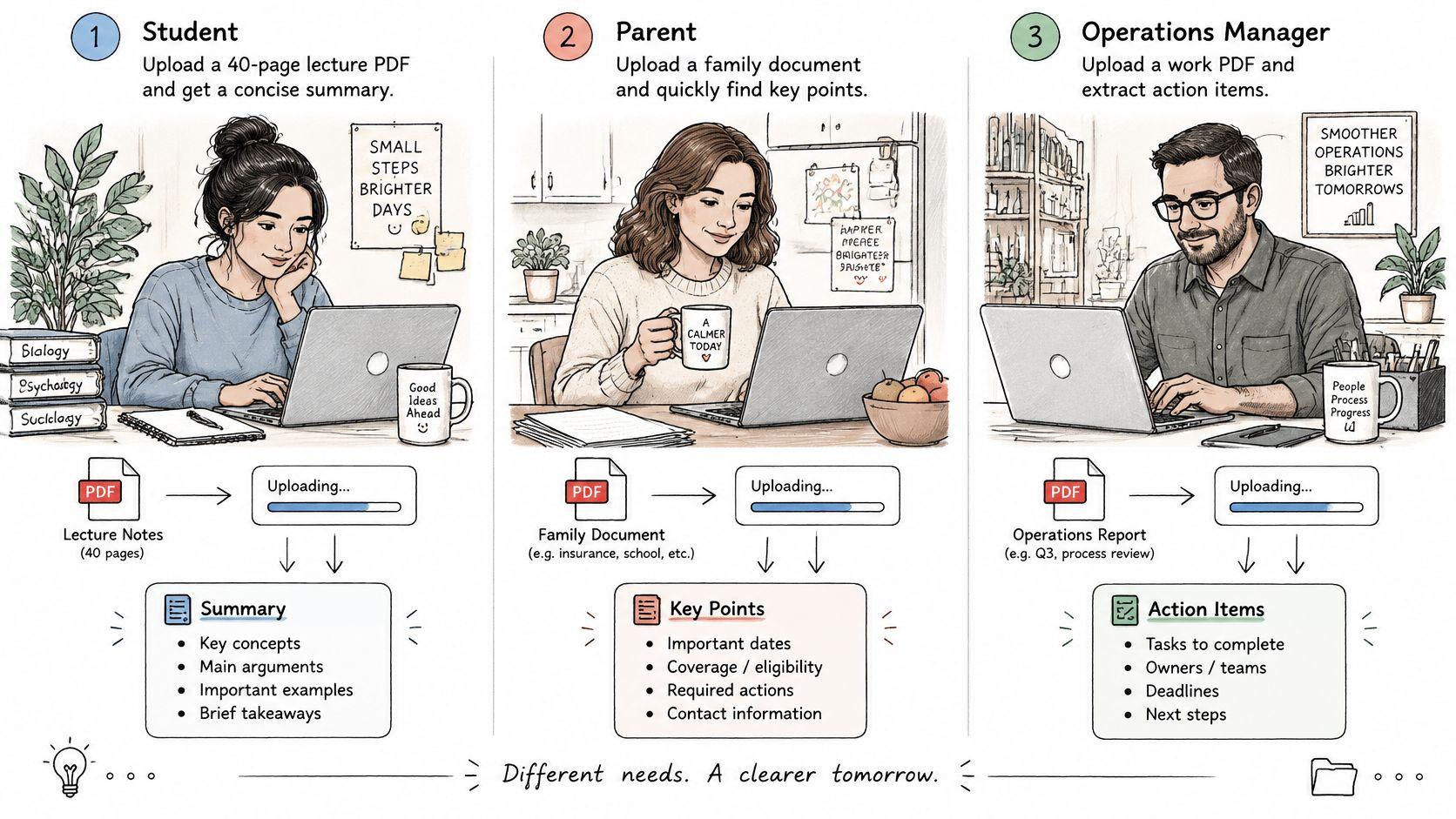 An infographic showing how students, parents, and managers use an AI tool to summarize PDF documents.