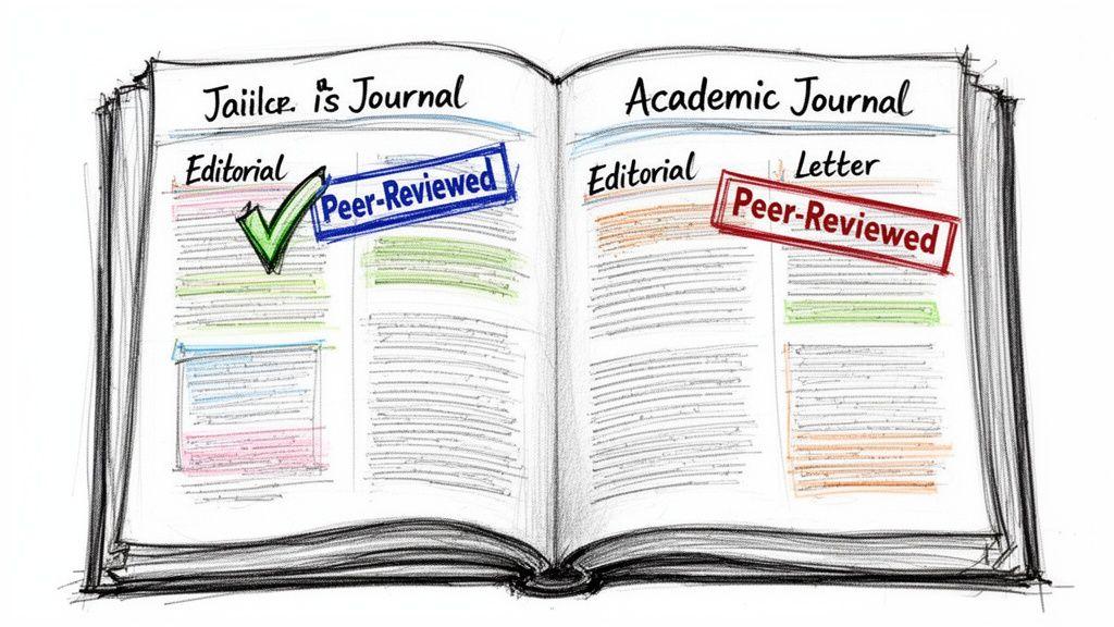 A hand-drawn illustration comparing an academic journal to another journal with peer-reviewed labels and checkboxes.