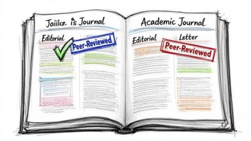 A hand-drawn illustration comparing an academic journal to another journal with peer-reviewed labels and checkboxes.