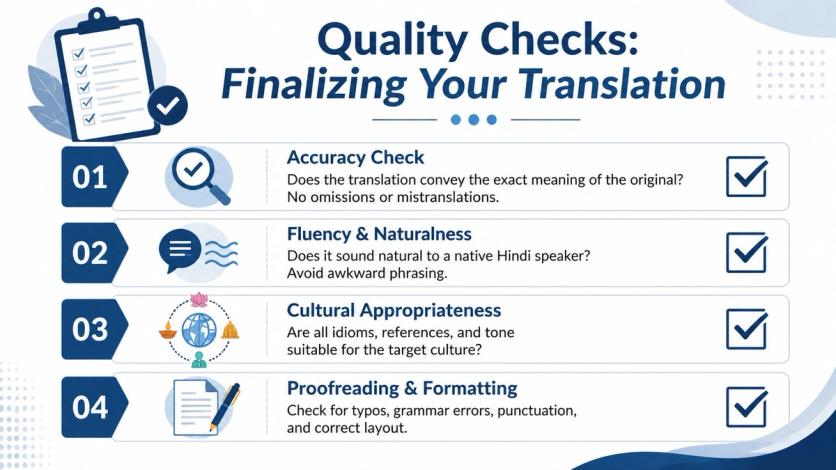 A checklist infographic titled Quality Checks showing four essential steps for finalizing a professional language translation.