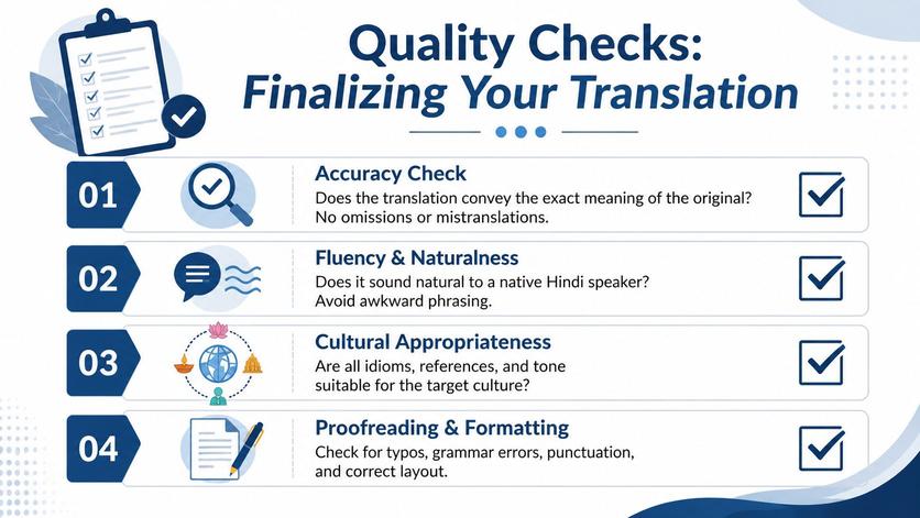 A checklist infographic titled Quality Checks showing four essential steps for finalizing a professional language translation.