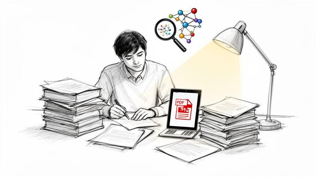 An illustration of a student researching with books, a laptop, and scientific molecular concepts.