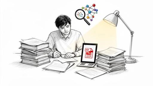 An illustration of a student researching with books, a laptop, and scientific molecular concepts.