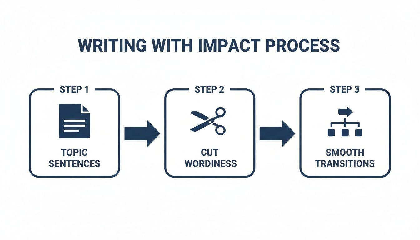 An infographic detailing a three-step writing with impact process: Topic Sentences, Cut Wordiness, and Smooth Transitions.