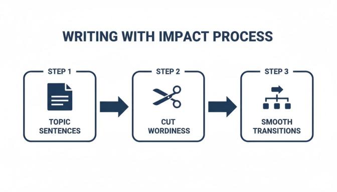An infographic detailing a three-step writing with impact process: Topic Sentences, Cut Wordiness, and Smooth Transitions.