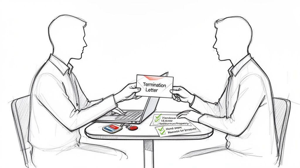 Two people at a table, one handing a termination letter to the other, symbolizing job termination.