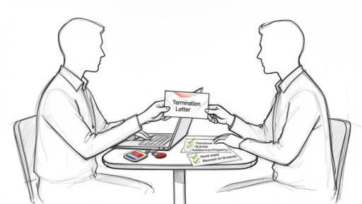 Two people at a table, one handing a termination letter to the other, symbolizing job termination.