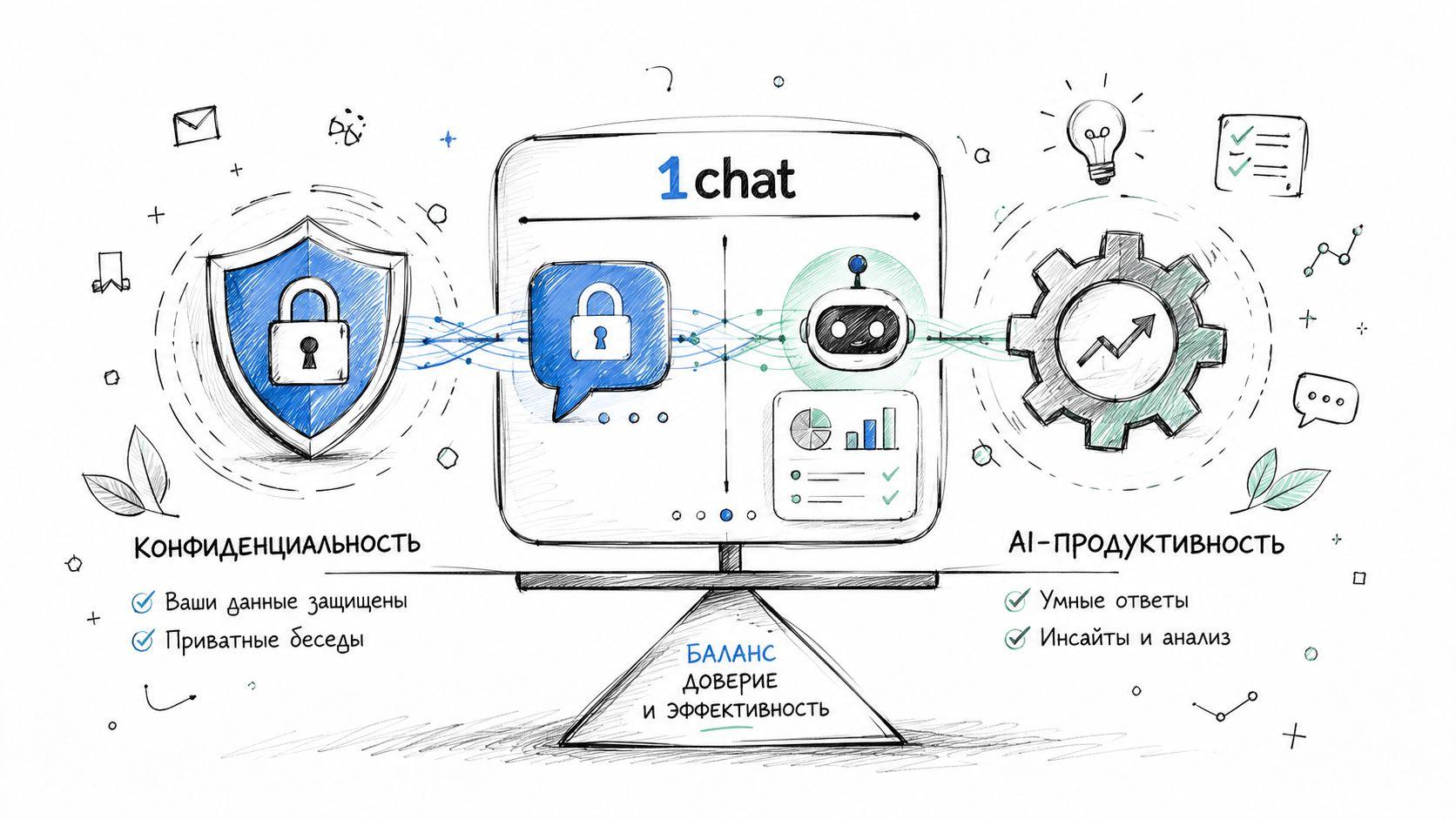 A hand-drawn illustration showing a balance scale between data privacy and AI productivity for 1chat platform.