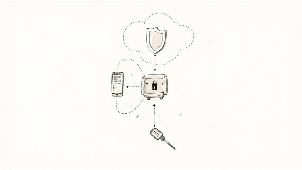 Secure cloud storage system with shield protection connecting smartphone and physical key authentication
