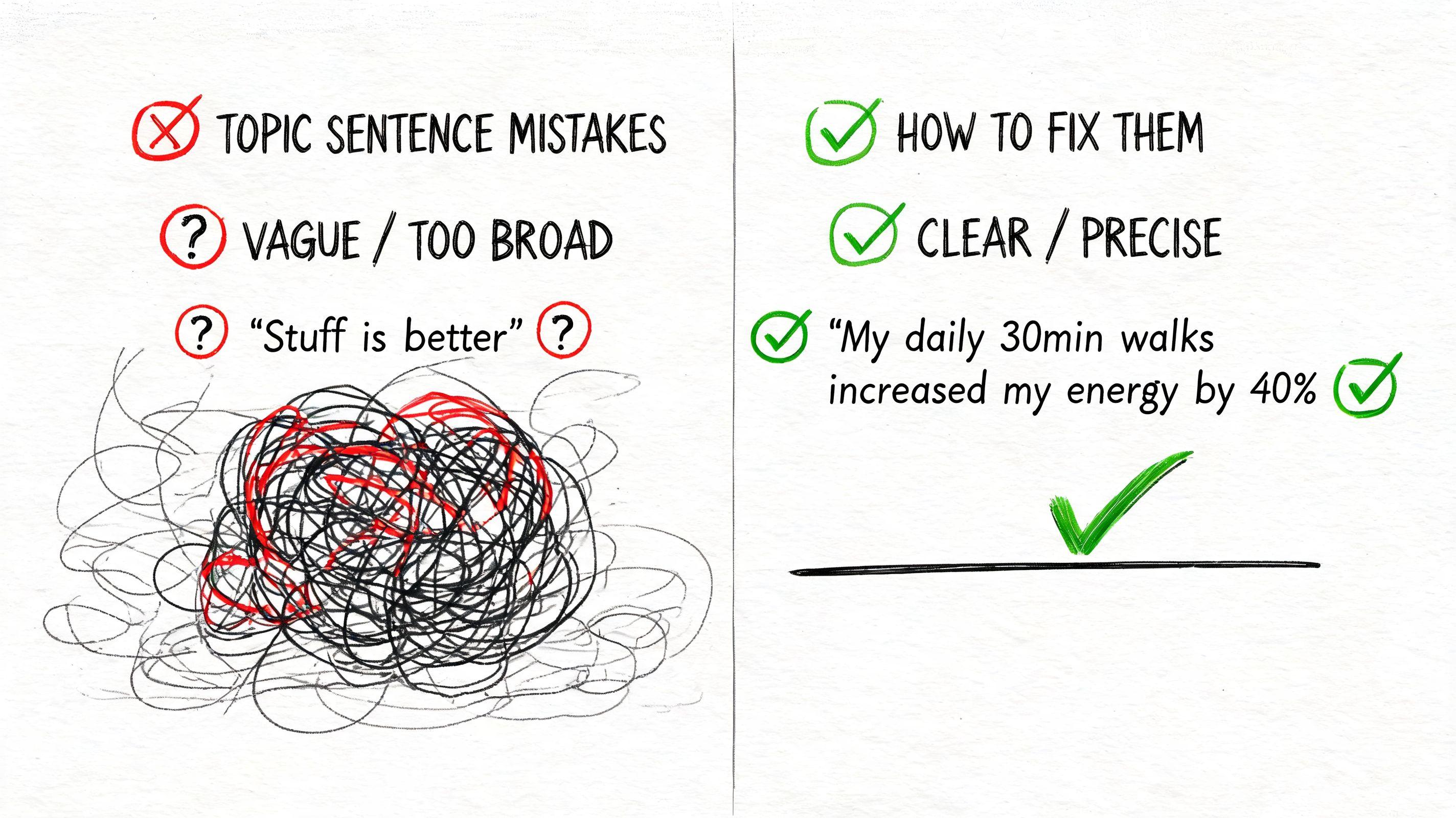 A split graphic comparing a confusing, vague topic sentence to a clear, precise, and measurable one.