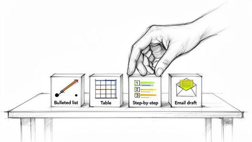 A hand places a 'Step-by-step' block next to 'Bulleted list', 'Table', and 'Email draft' blocks.