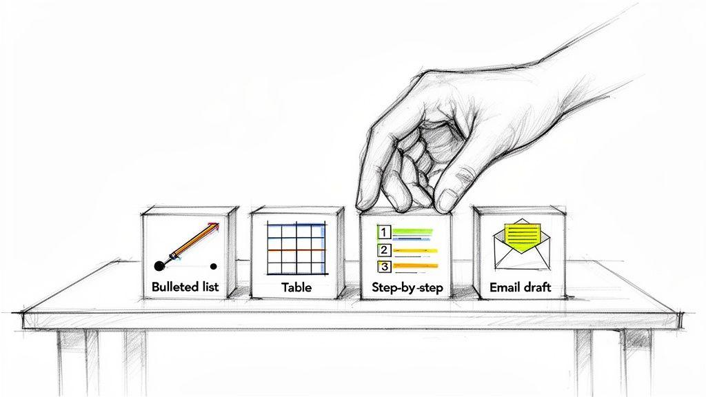 A hand places a 'Step-by-step' block next to 'Bulleted list', 'Table', and 'Email draft' blocks.