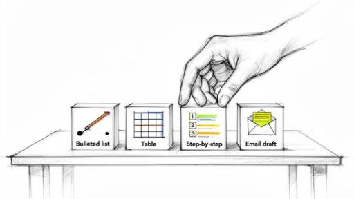 A hand places a 'Step-by-step' block next to 'Bulleted list', 'Table', and 'Email draft' blocks.