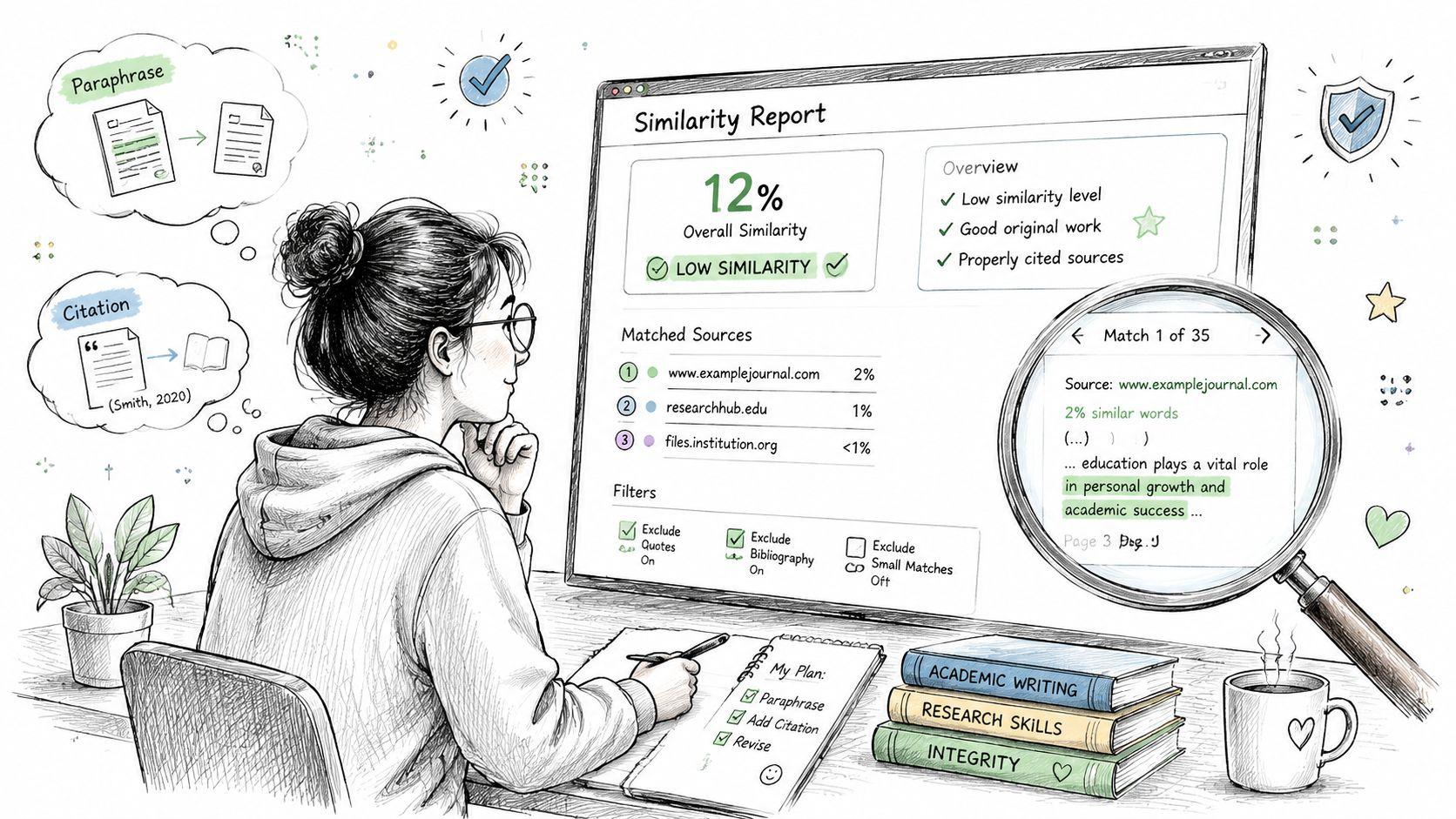A student reviewing a digital similarity report on a computer screen to ensure academic integrity and proper citation.
