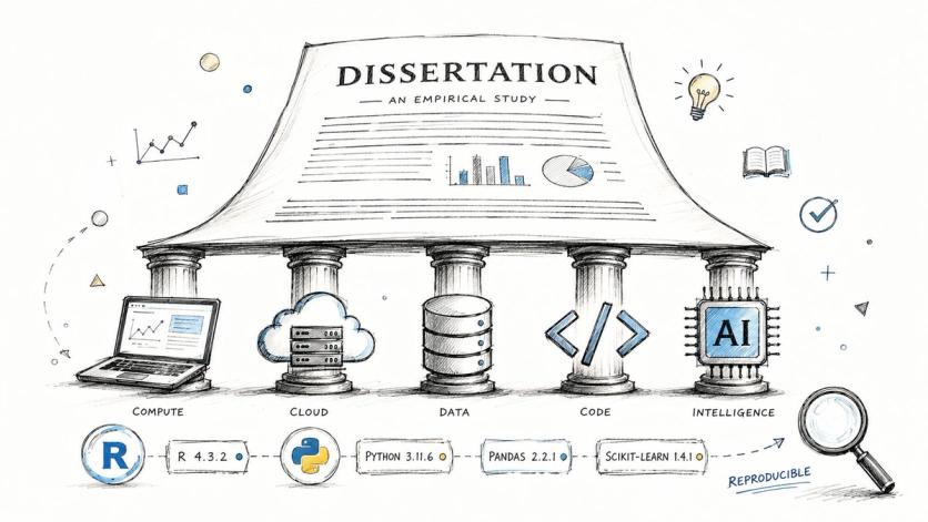 A conceptual illustration representing a dissertation supported by pillars of compute, cloud, data, code, and intelligence.