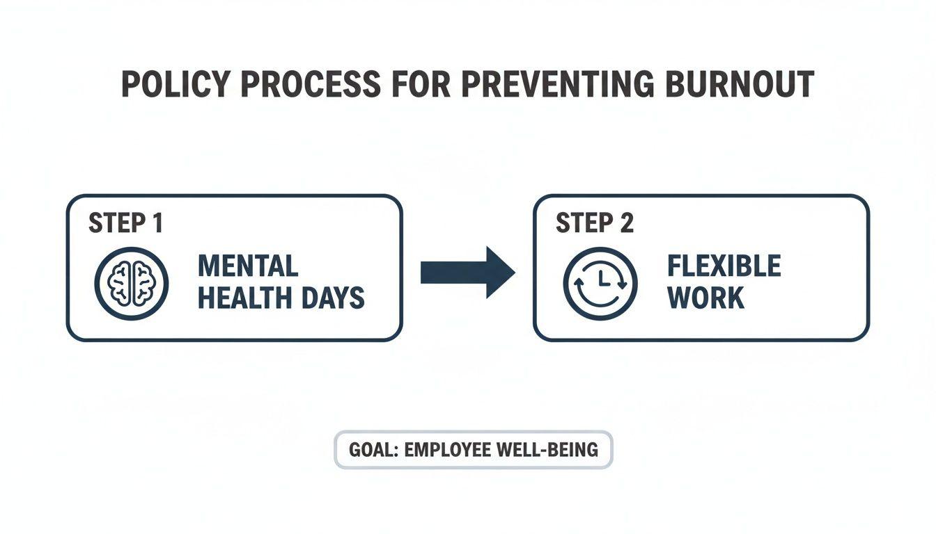 Policy process for preventing burnout with steps for mental health days and flexible work for employee well-being.