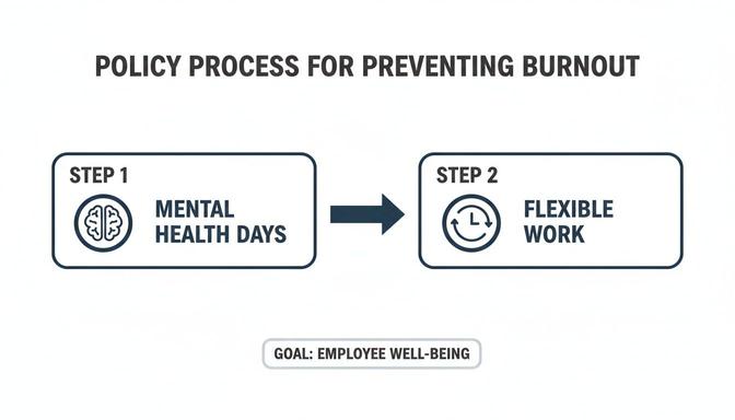 Policy process for preventing burnout with steps for mental health days and flexible work for employee well-being.