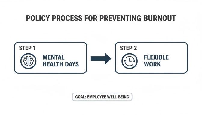 Policy process for preventing burnout with steps for mental health days and flexible work for employee well-being.