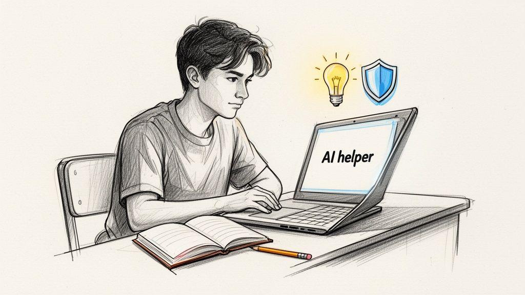 Pencil sketch of a student using an AI helper on a laptop with symbols for ideas and safety.