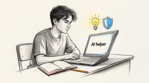 Pencil sketch of a student using an AI helper on a laptop with symbols for ideas and safety.