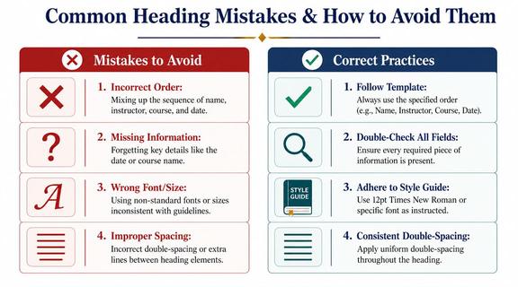A comparison chart showing common mistakes and correct practices for formatting student essay headings properly.