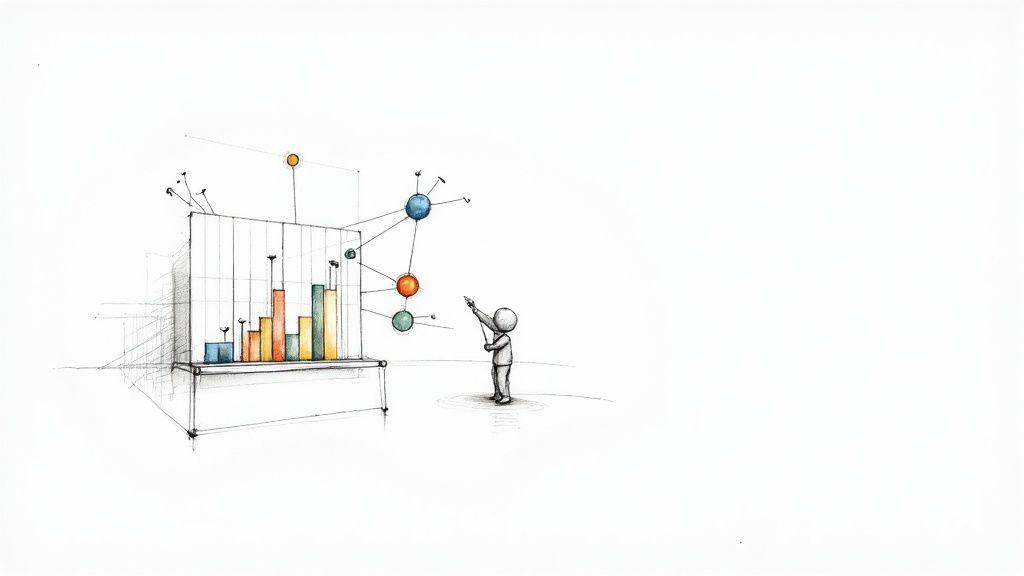A hand-drawn figure points at a whiteboard displaying a bar chart and connected network nodes.