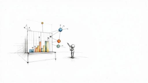 A hand-drawn figure points at a whiteboard displaying a bar chart and connected network nodes.