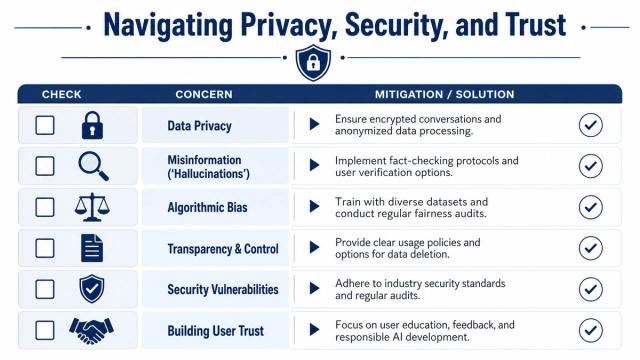 A table outlining privacy, security, and trust concerns for AI systems, along with their corresponding mitigation solutions.
