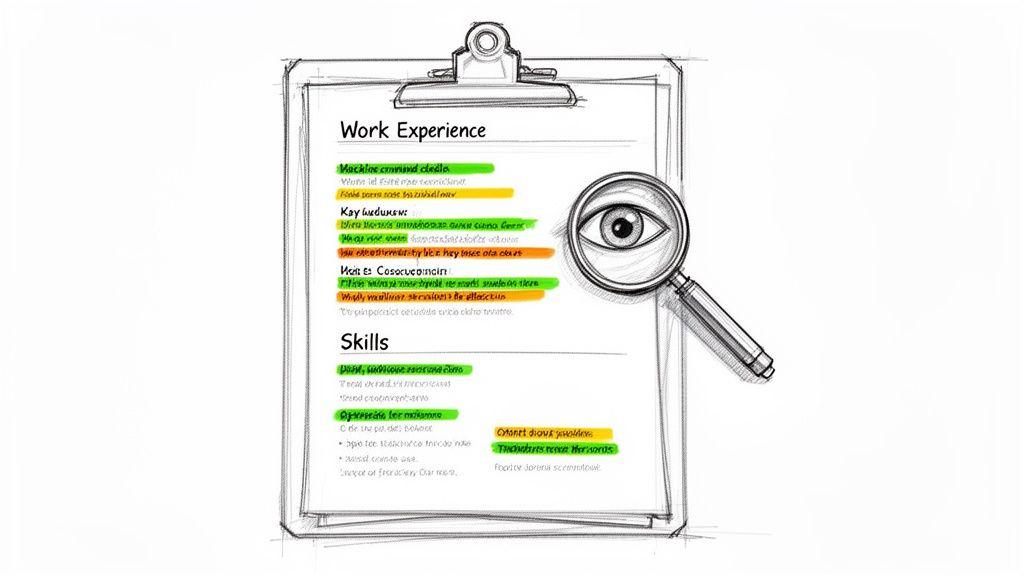 A sketch of a resume on a clipboard with highlighted sections, viewed through a magnifying glass with an eye, symbolizing review.