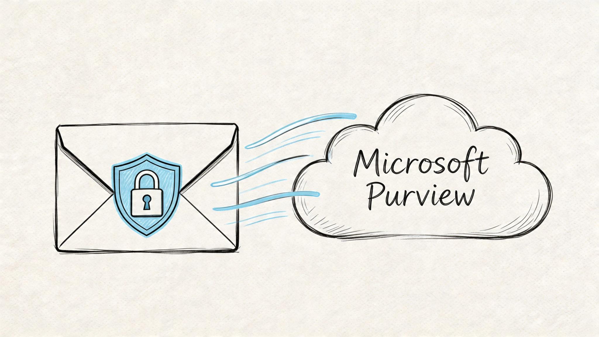 A hand-drawn illustration of a secure email envelope being sent to the Microsoft Purview cloud service.