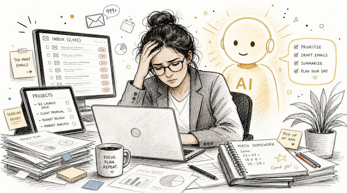 A stressed woman working at a messy desk with an AI assistant offering help and productivity support.
