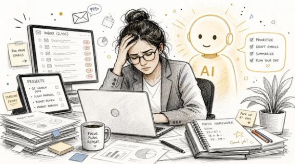 A stressed woman working at a messy desk with an AI assistant offering help and productivity support.