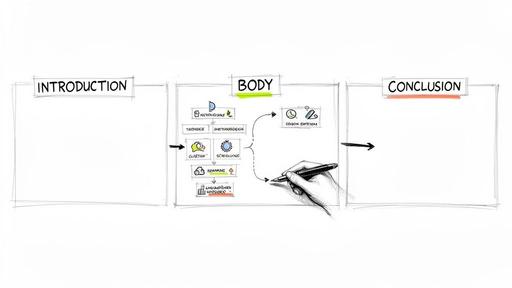 Hand-drawn diagram showing the structure of a literature review with introduction, body, and conclusion sections.