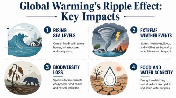 An infographic illustrating four major impacts of global warming including rising sea levels and biodiversity loss.
