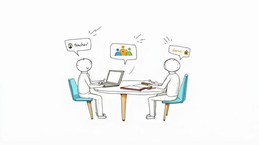 Two stick figures, a teacher and student, engaged in a learning session with a laptop and notebook.