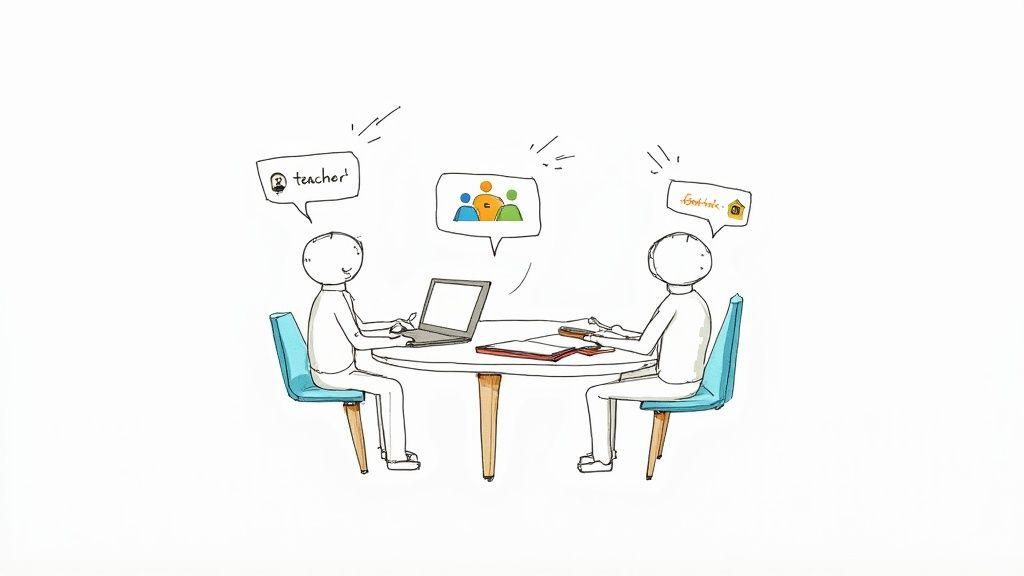 Two stick figures, a teacher and student, engaged in a learning session with a laptop and notebook.