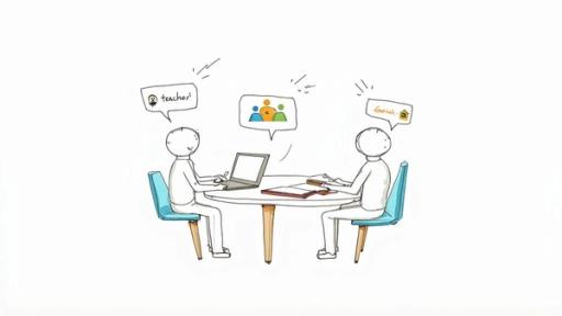 Two stick figures, a teacher and student, engaged in a learning session with a laptop and notebook.